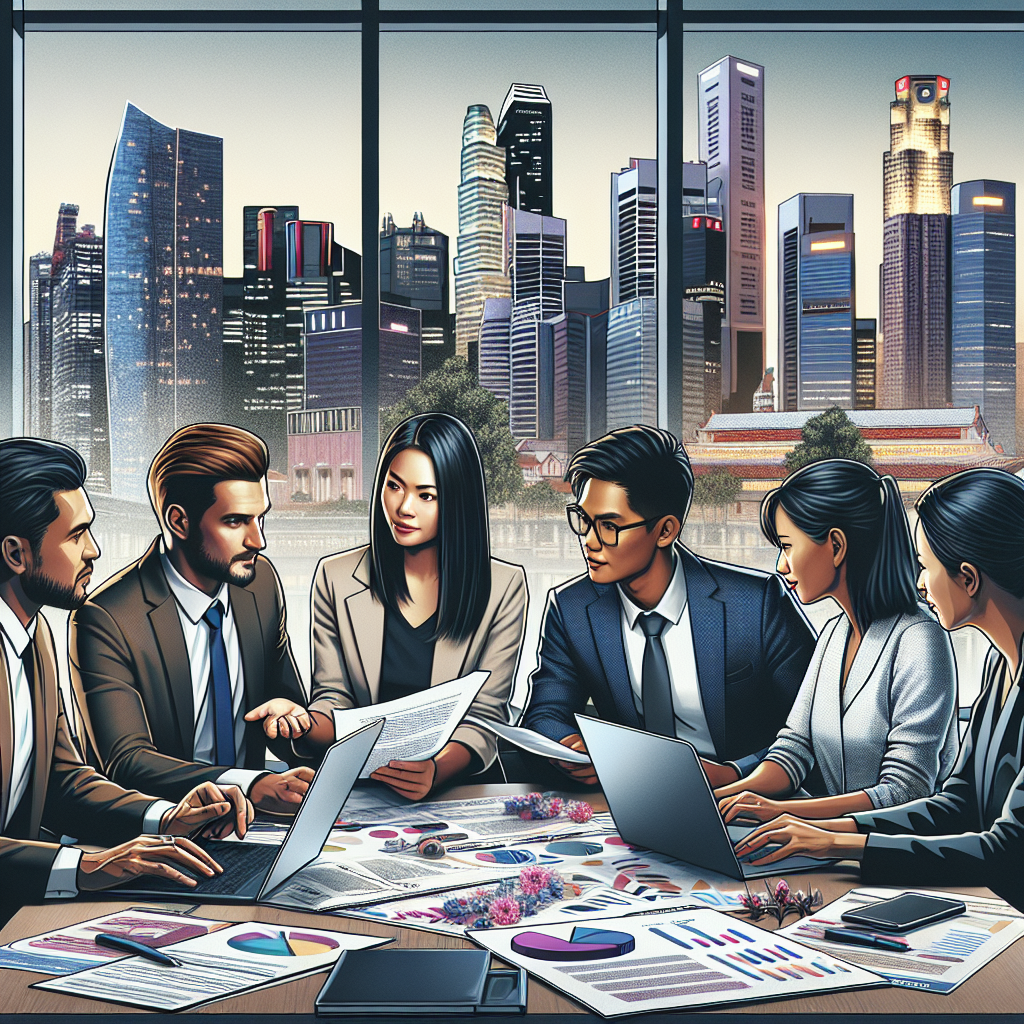 Realistic depiction of people discussing loan options in a modern office setting in Singapore.