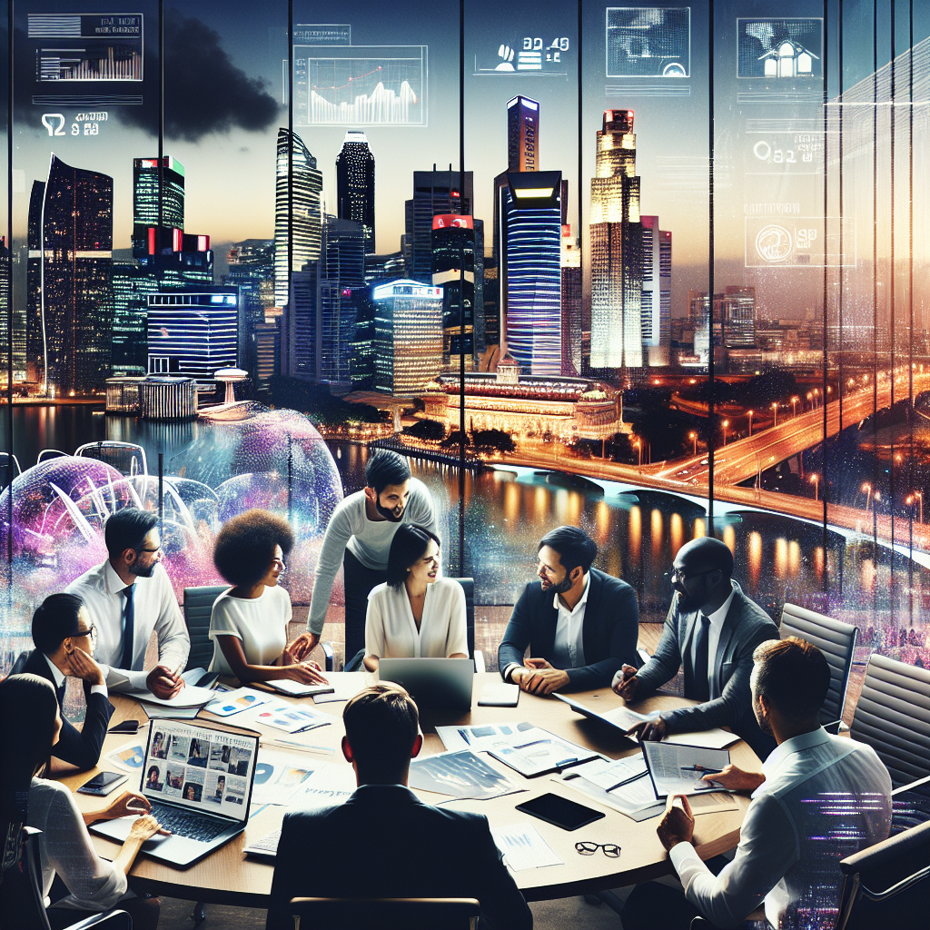 Financial discussions on loan options in an office with Singaporean landmarks in the background.