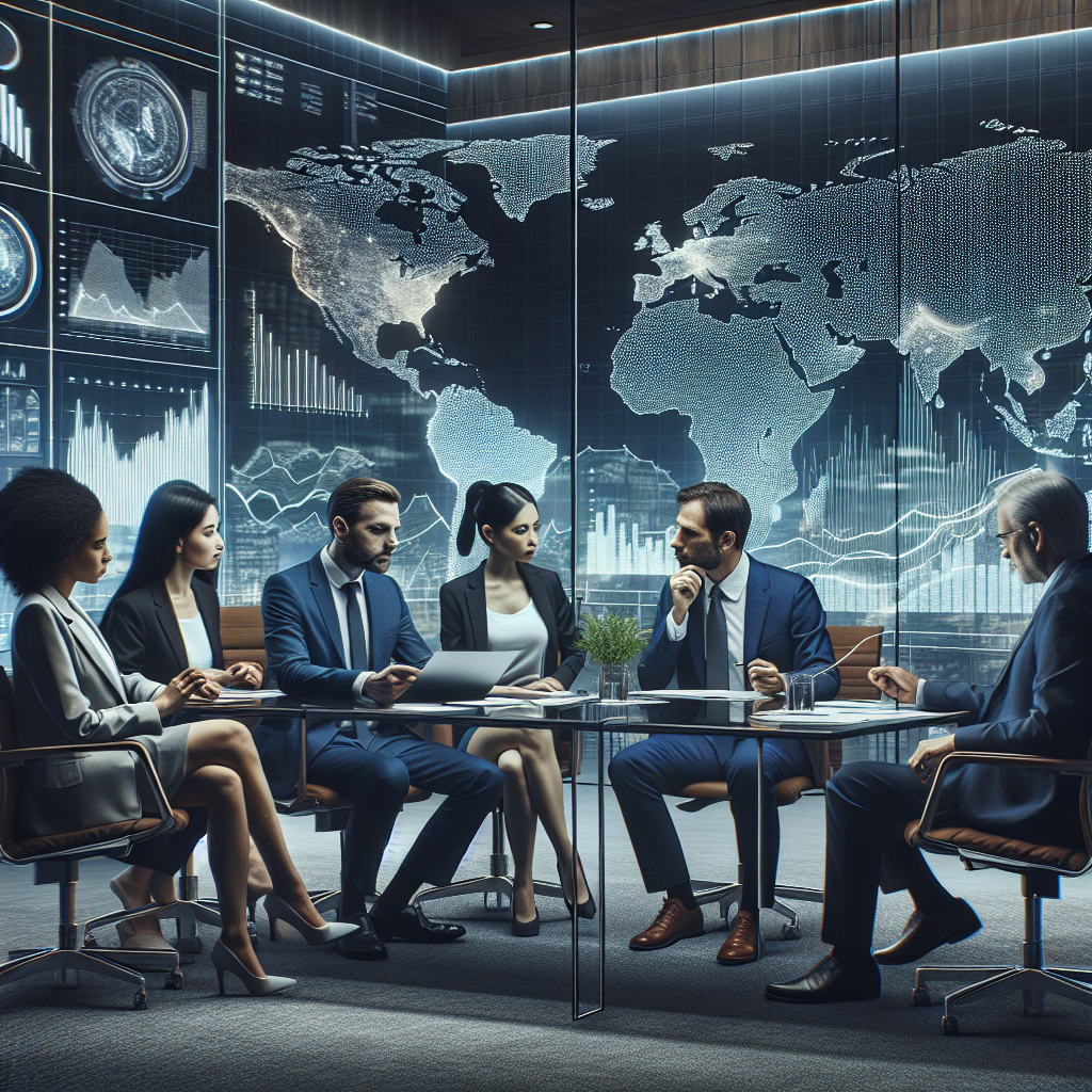 Professionals discussing global economics in a modern office with digital screens displaying economic data.