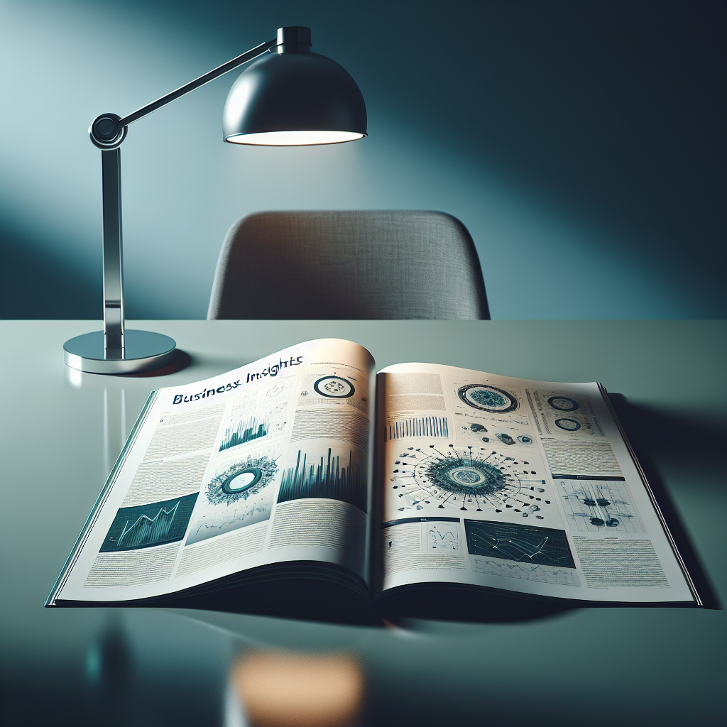 A business insight publication open on a modern desk, with graphs and illustrations visible.