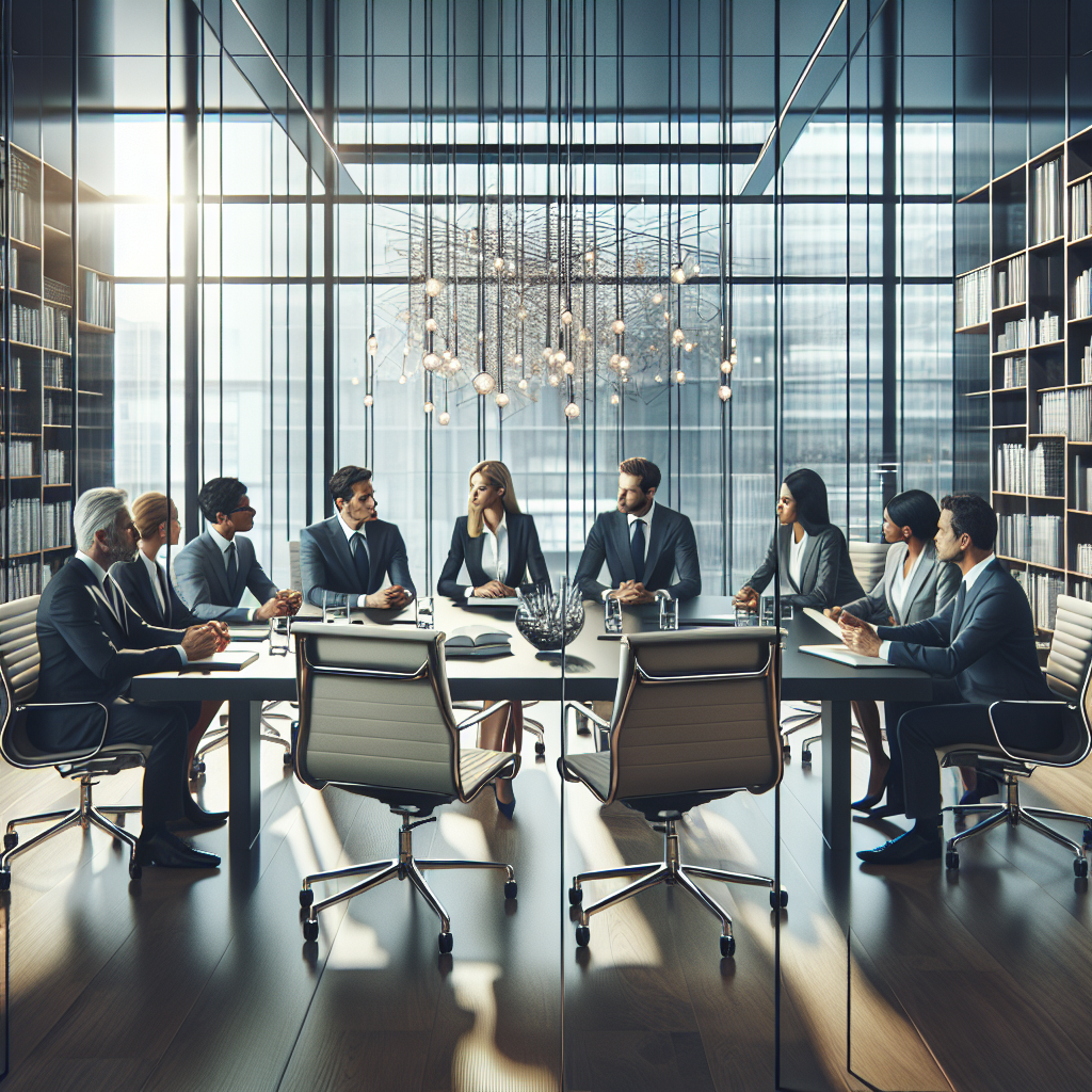 A realistic modern corporate office with professionals discussing at a conference table.