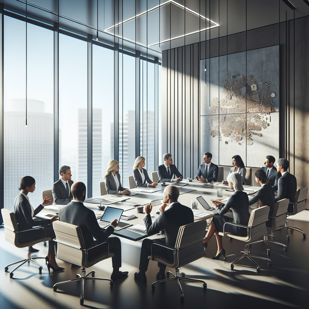 A business meeting in a modern office setting with professionals and digital devices.