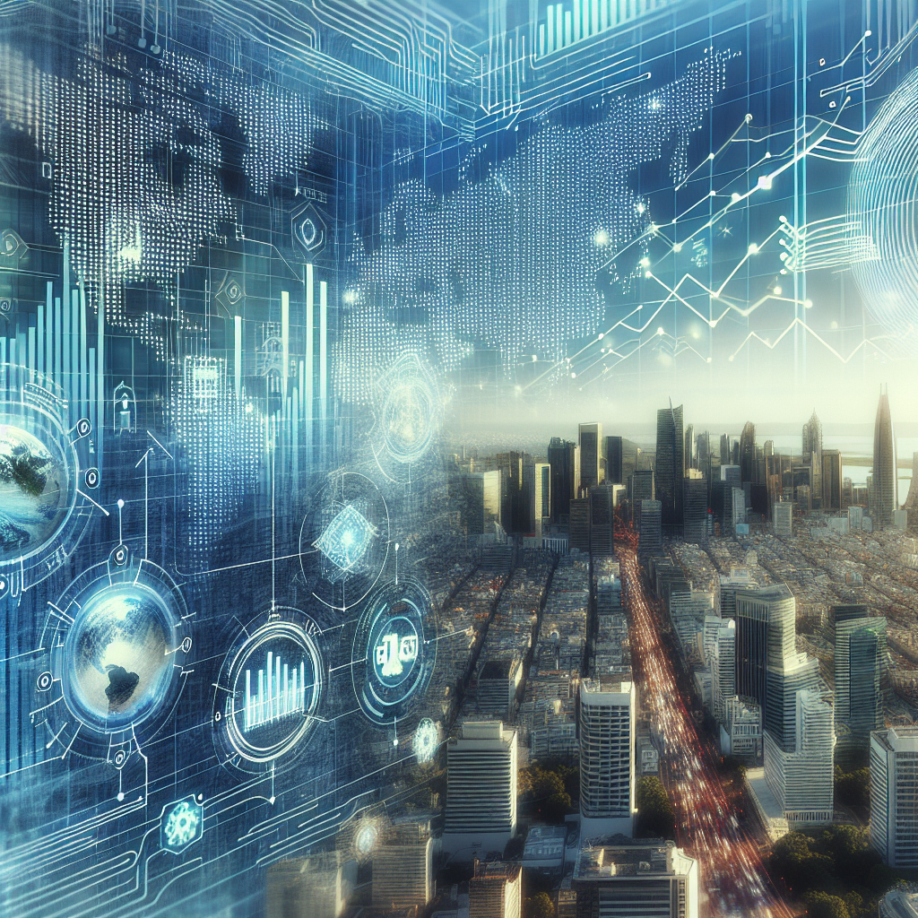 An illustration showing a dynamic economic and business landscape with digital graphs, technological icons, and a cityscape.