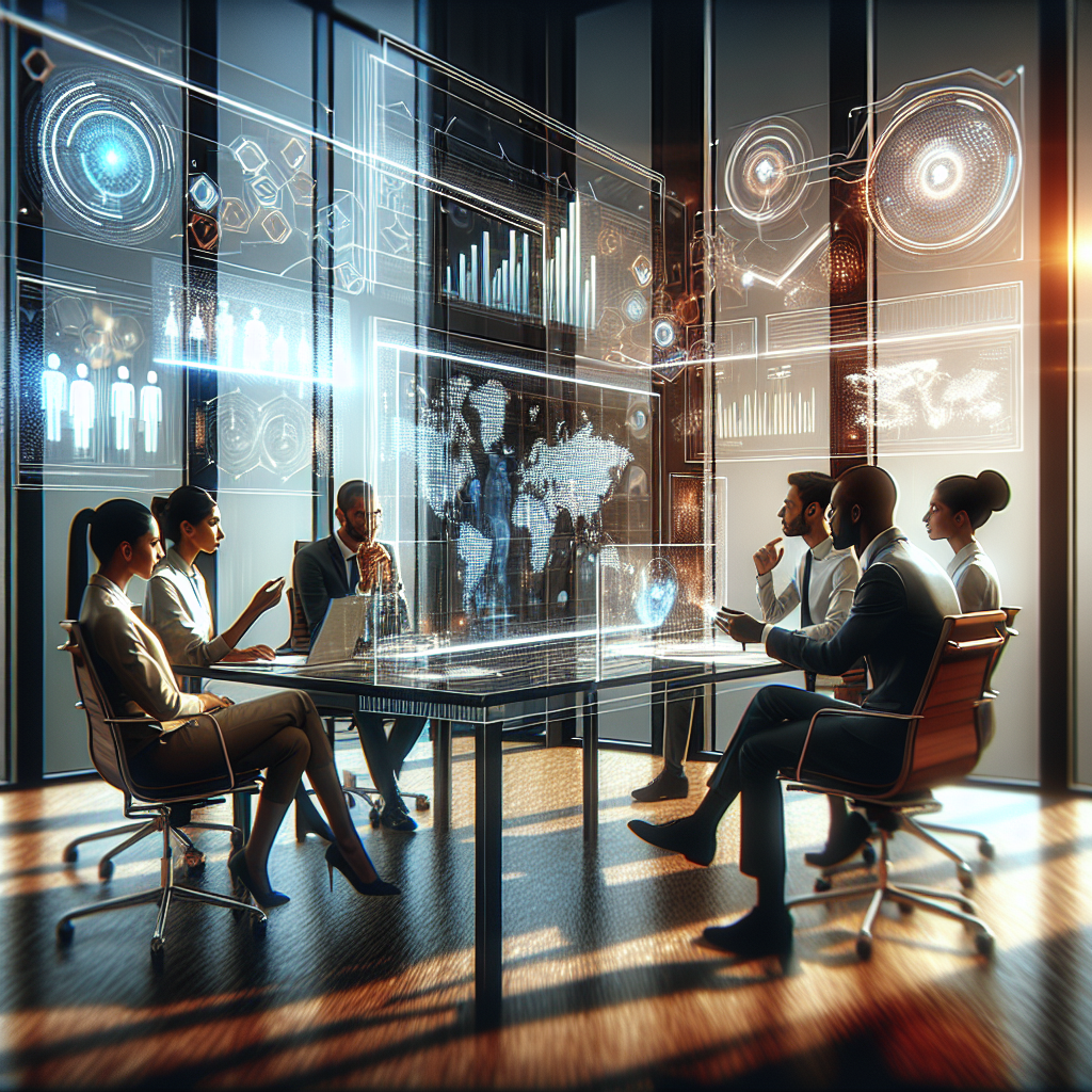 Professionals analyzing data with futuristic technology in a modern office.