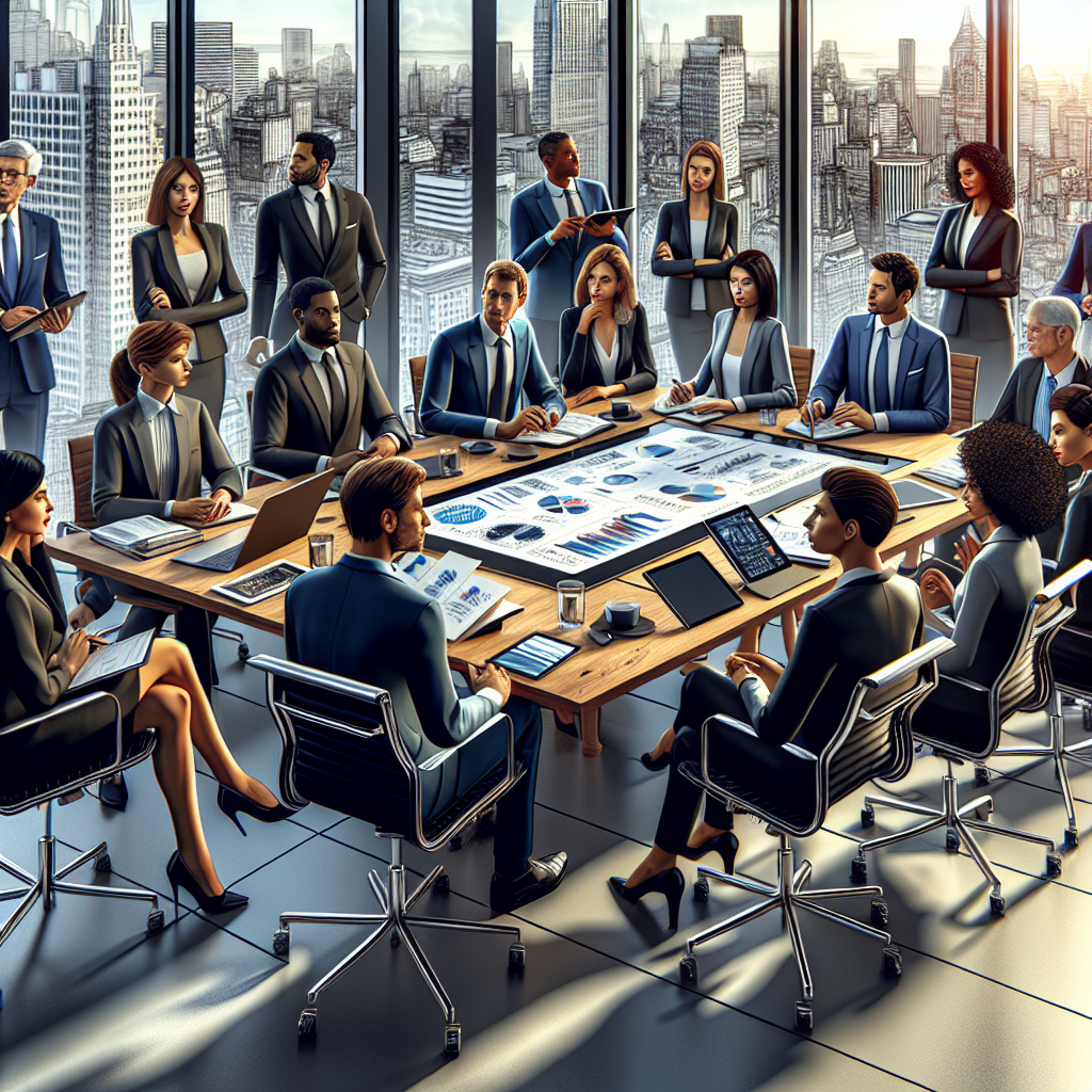 Professionals discussing economic trends in a modern office setting.