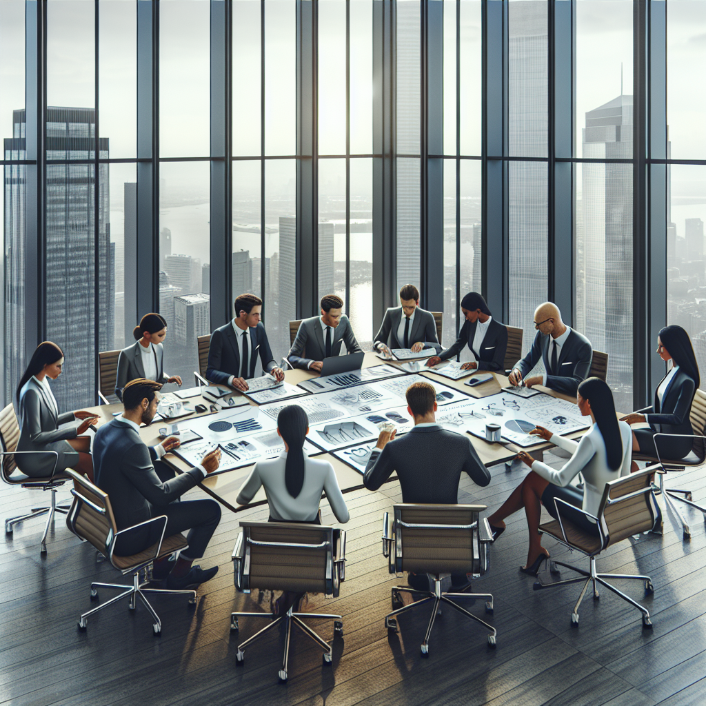 Diverse professionals in a modern office meeting discussing business policy insights.