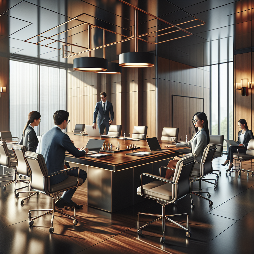 A realistic scene of a business meeting in a contemporary conference room with diverse professionals.