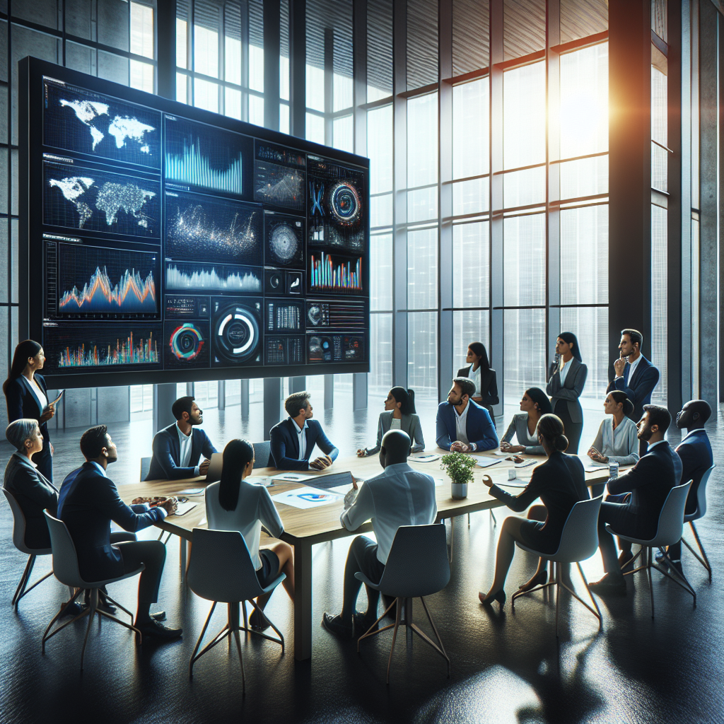 Professionals analyzing data in a modern office.