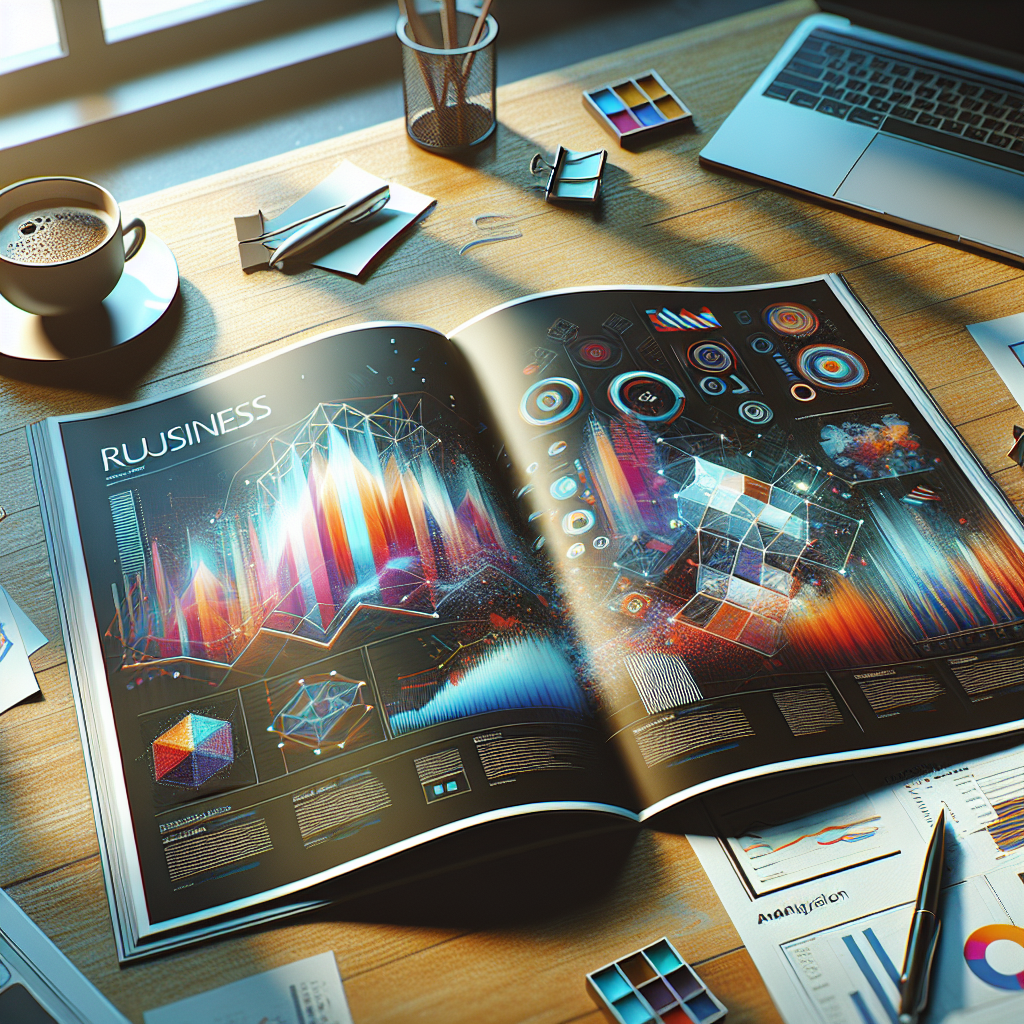Open business magazine on desk with laptop and coffee cup, symbolizing business insights.