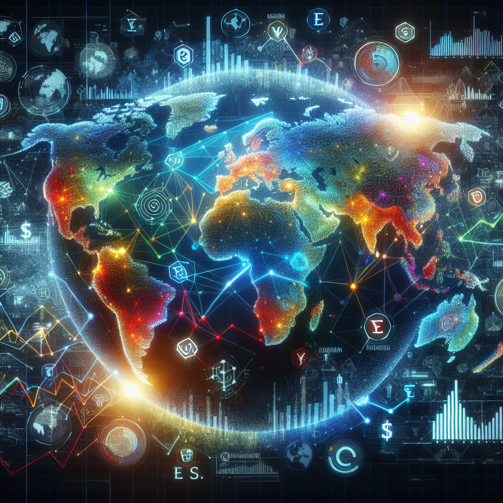 A realistic representation of the global economy with a world map and economic symbols.