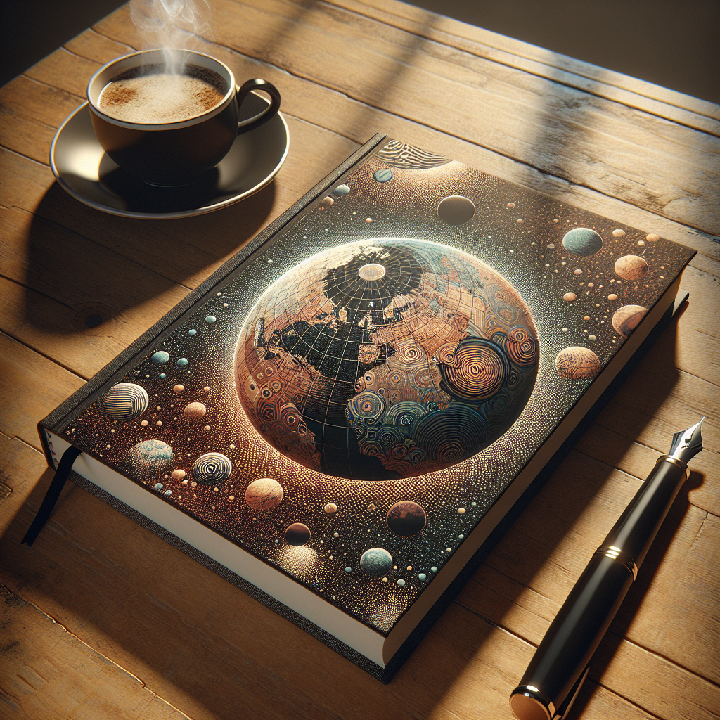 An academic journal on a desk with a globe pattern cover, alongside a pen and coffee.
