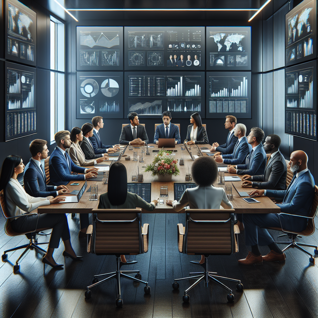 A boardroom meeting with diverse executives engaged in a discussion, conveying a professional atmosphere.