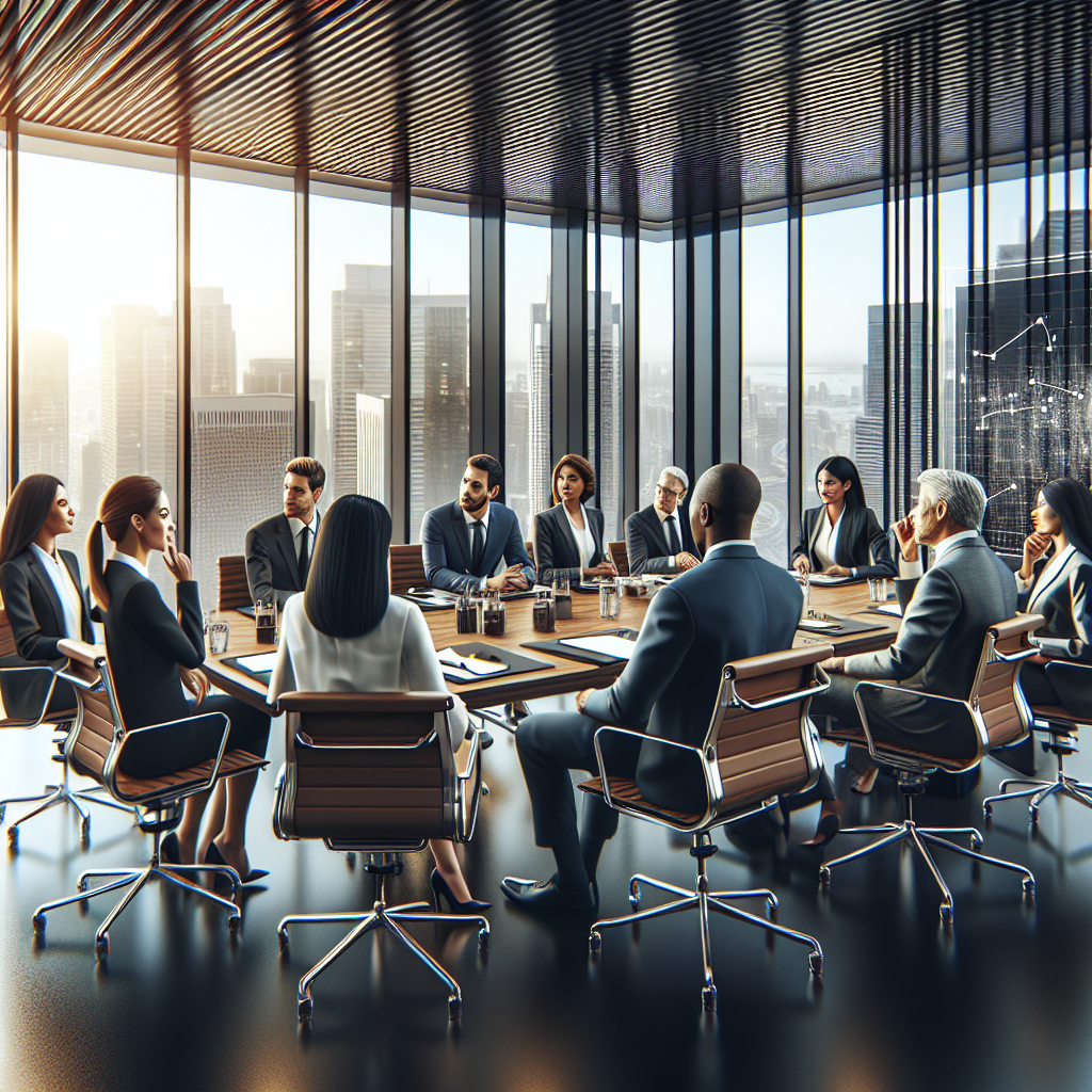 Professionals discussing business policy insights in a modern boardroom setting.