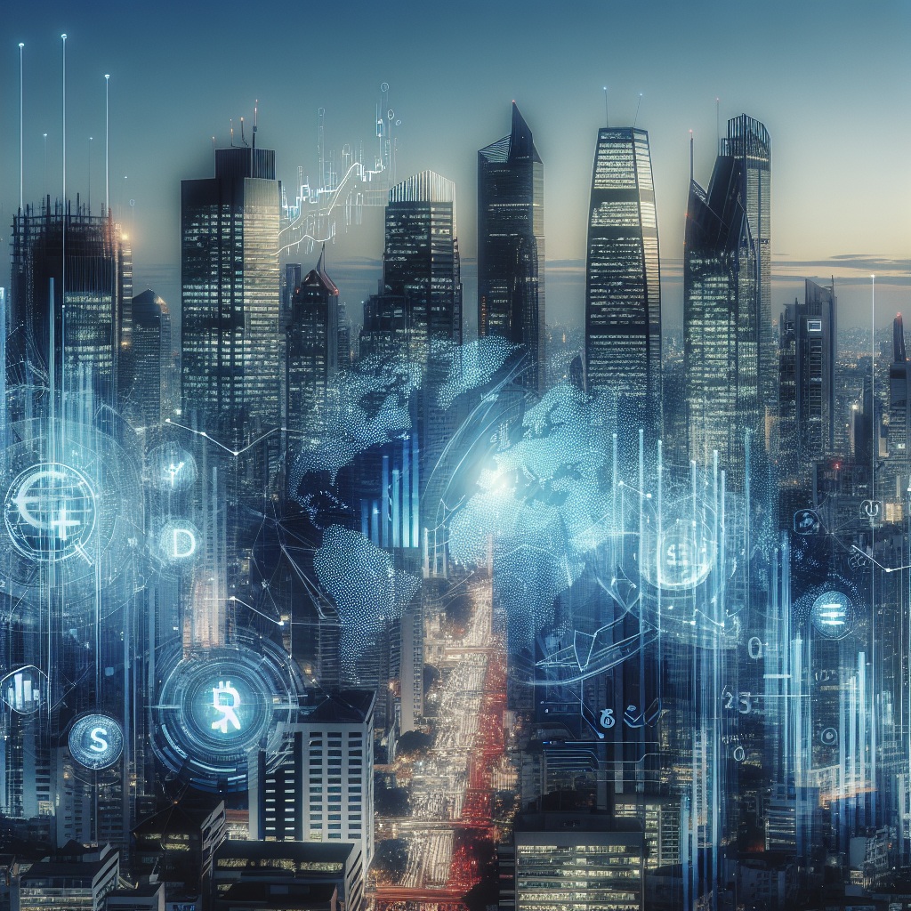 An image of a modern city skyline with economic symbols and digital elements, representing economics and business trends.