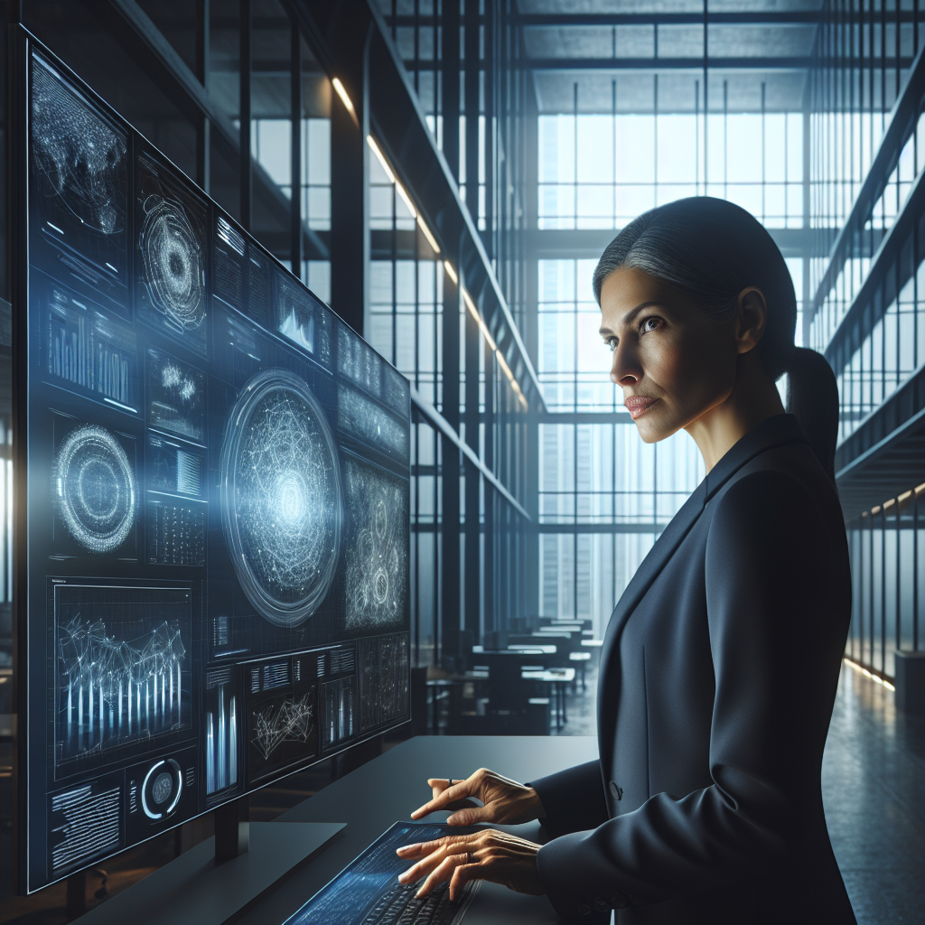 A business executive analyzing data on a digital screen in a modern office.