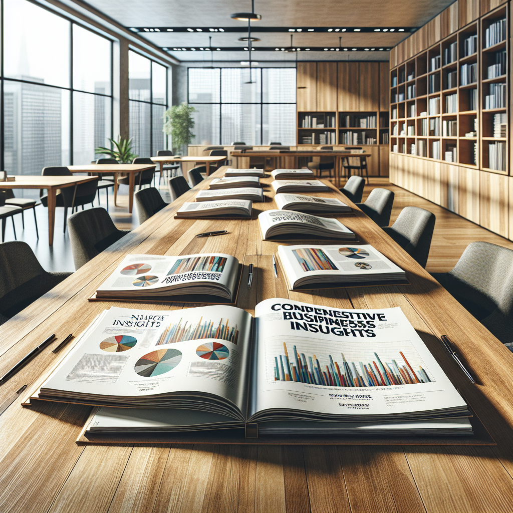 A table with business insights publications in a well-lit office setting.