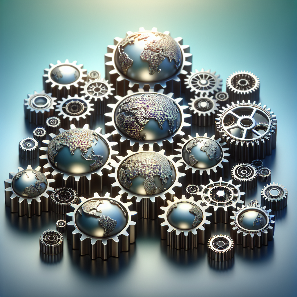 An image of interlinked metallic gears representing global interconnected economies.