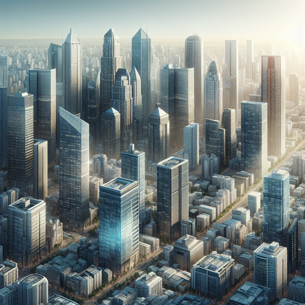 A realistic depiction of a global economic cityscape with skyscrapers and diverse people.