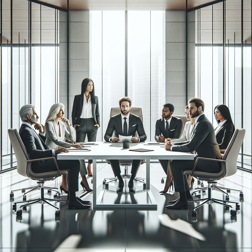 Modern corporate office setting illustrating corporate governance research with diverse executives at a conference table.