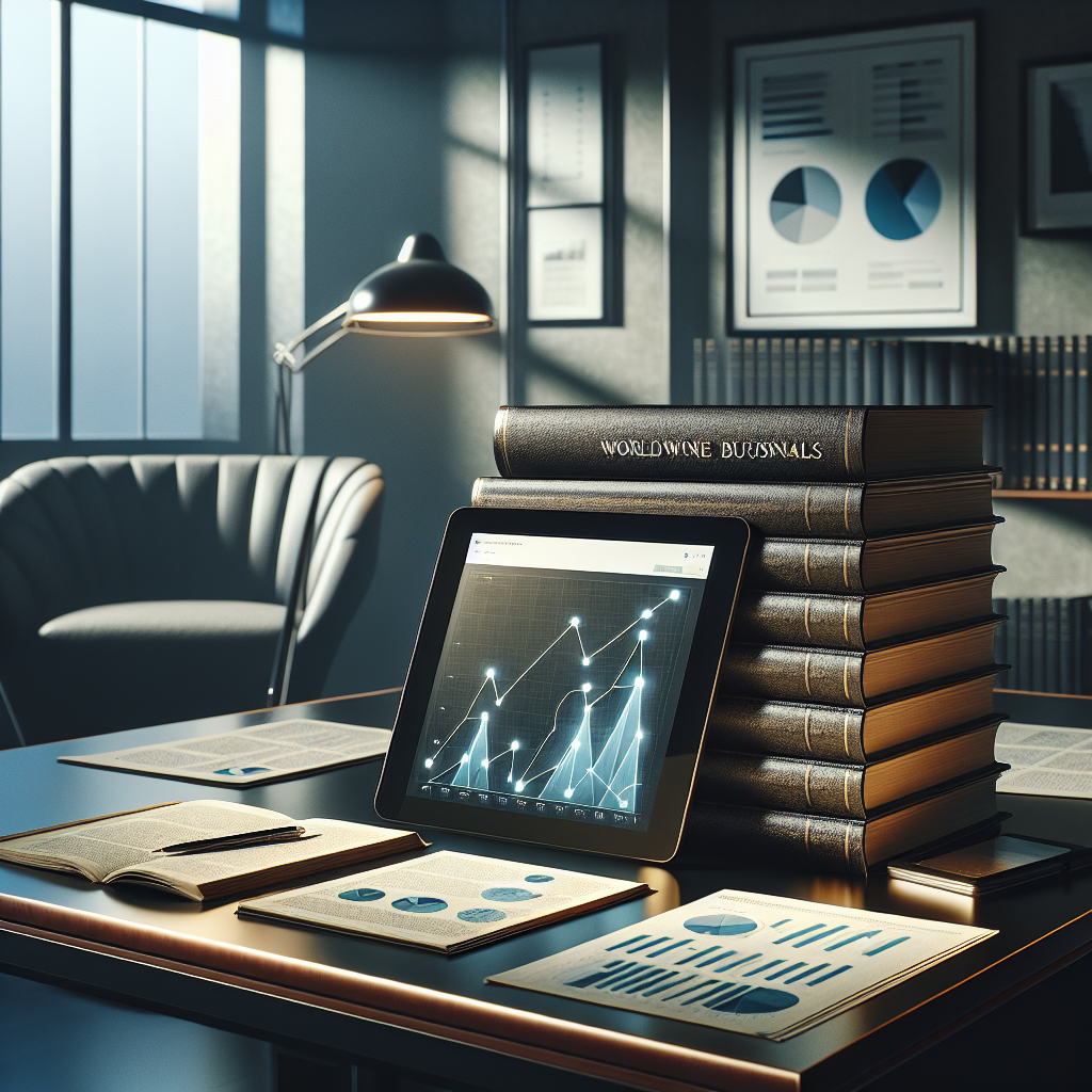 A modern office desk with business journals and a digital tablet displaying analytical graphs, symbolizing traditional and digital media convergence.