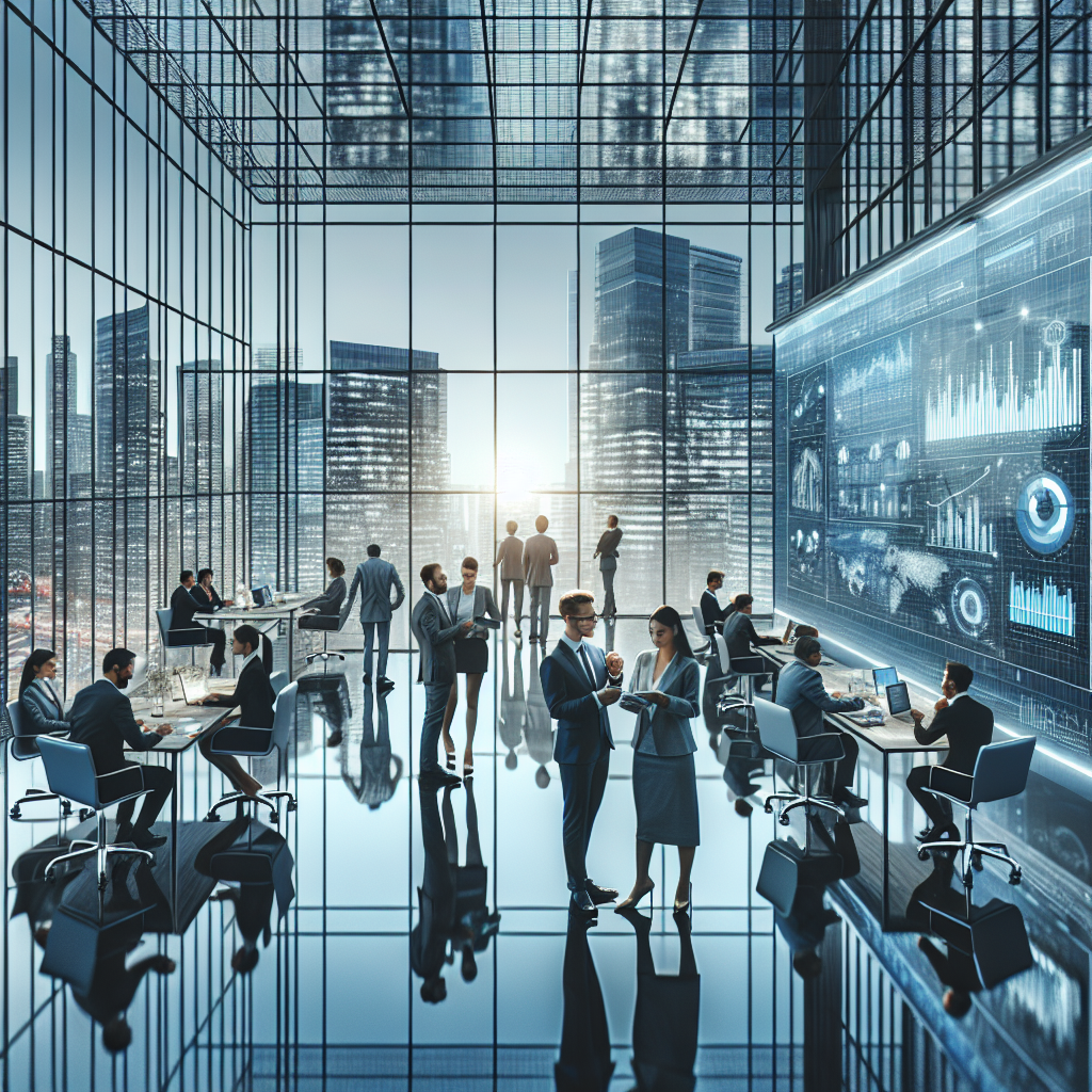 Global business professionals analyzing economic trends in a modern office setting.