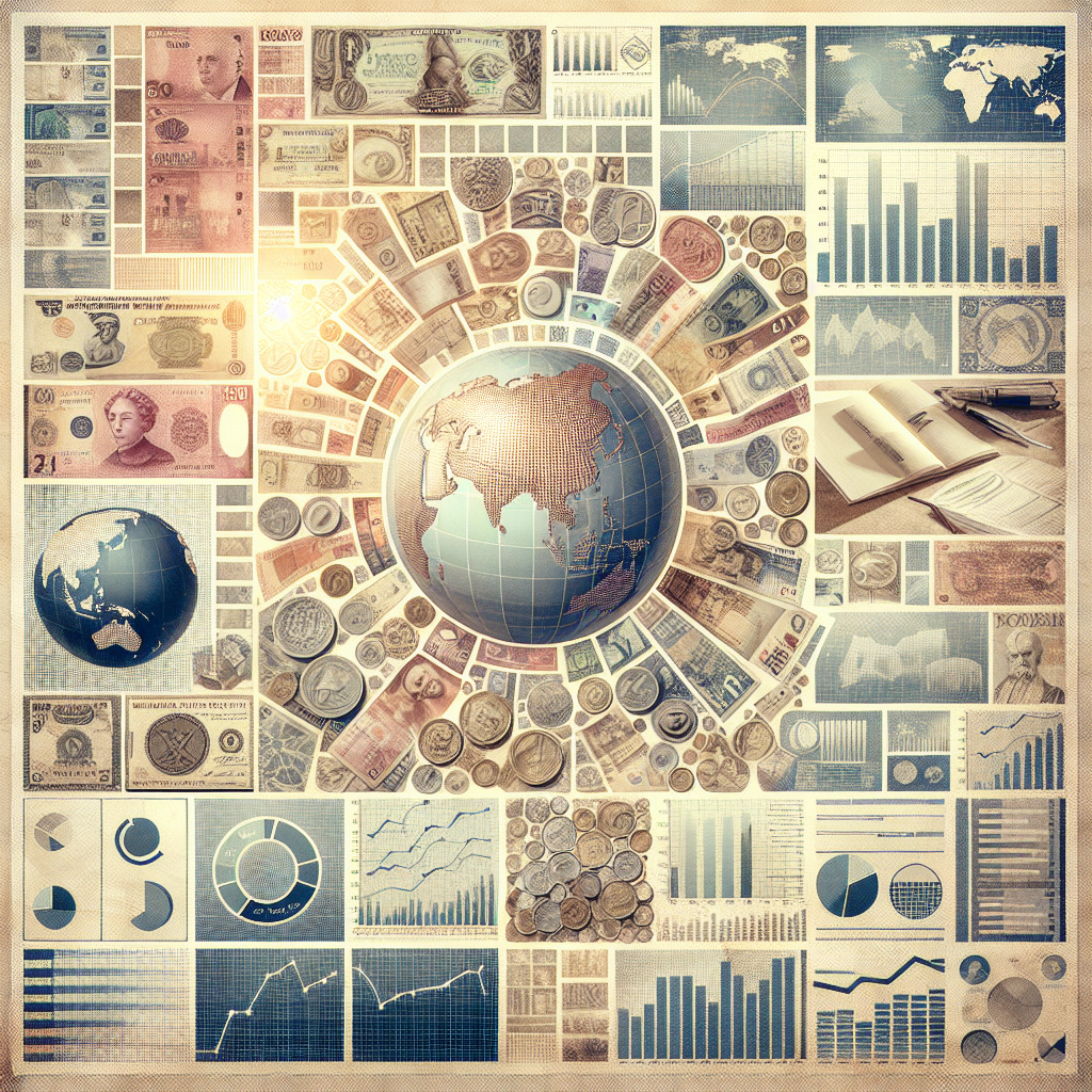 Collage of global economic elements: currencies, graphs, and journals.