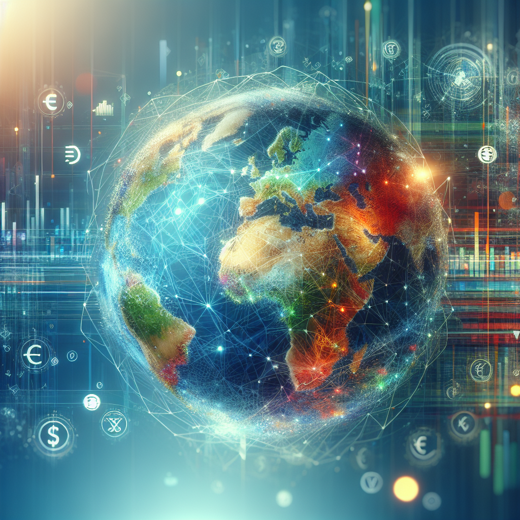 The global economy depicted as a globe with interconnected lines, surrounded by elements of trade and finance.