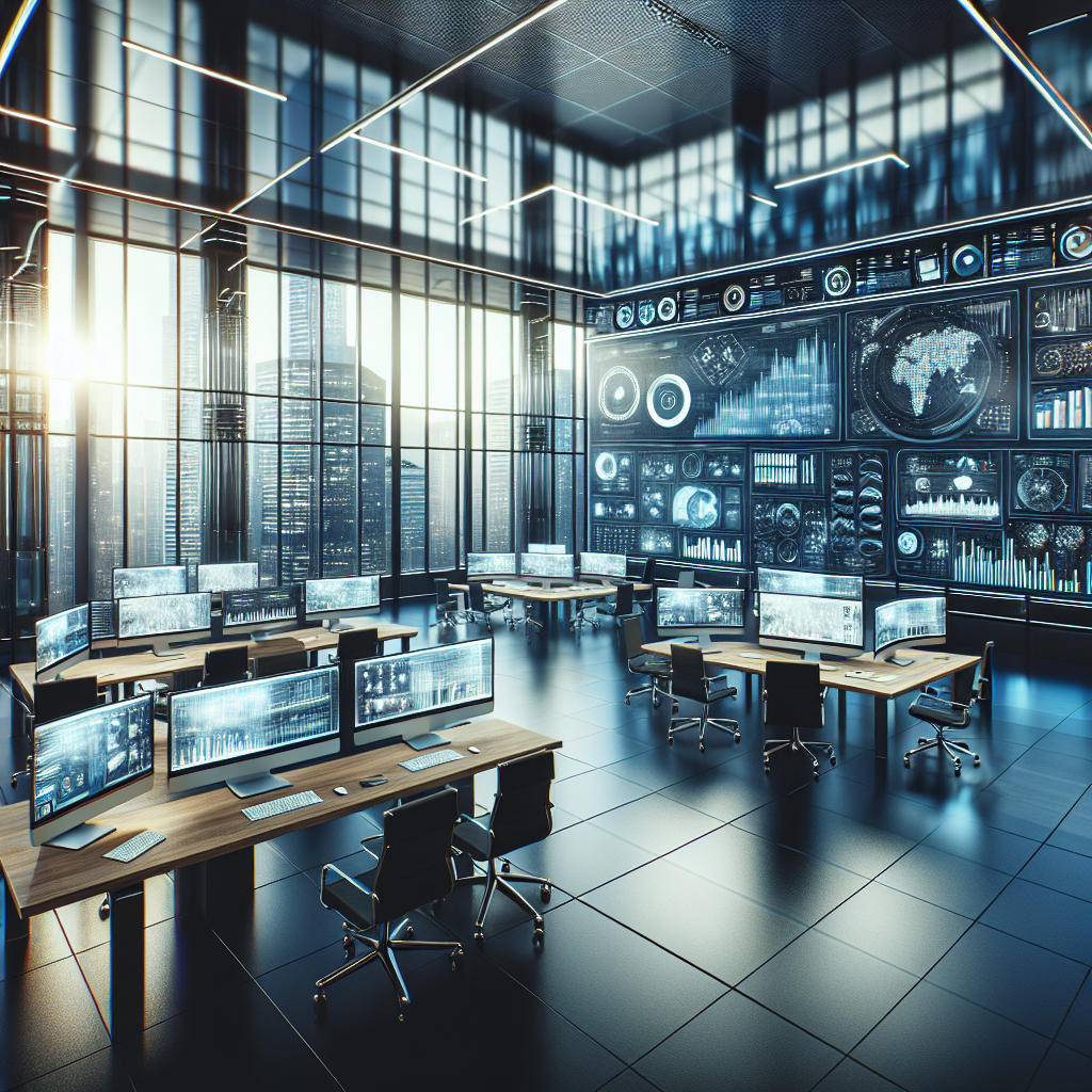 A modern high-tech business office with data screens.