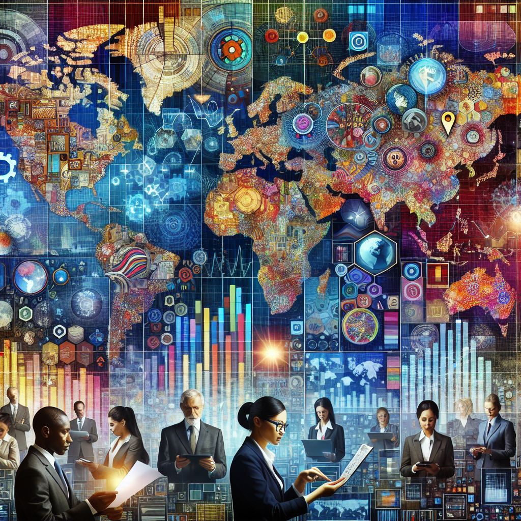 Collage depicting global economic trends with diverse professionals and technology symbols.