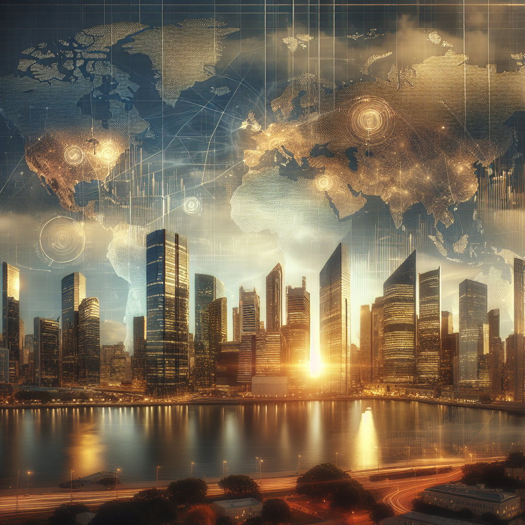 A modern city skyline with economic data overlays, symbolizing global business and economics.