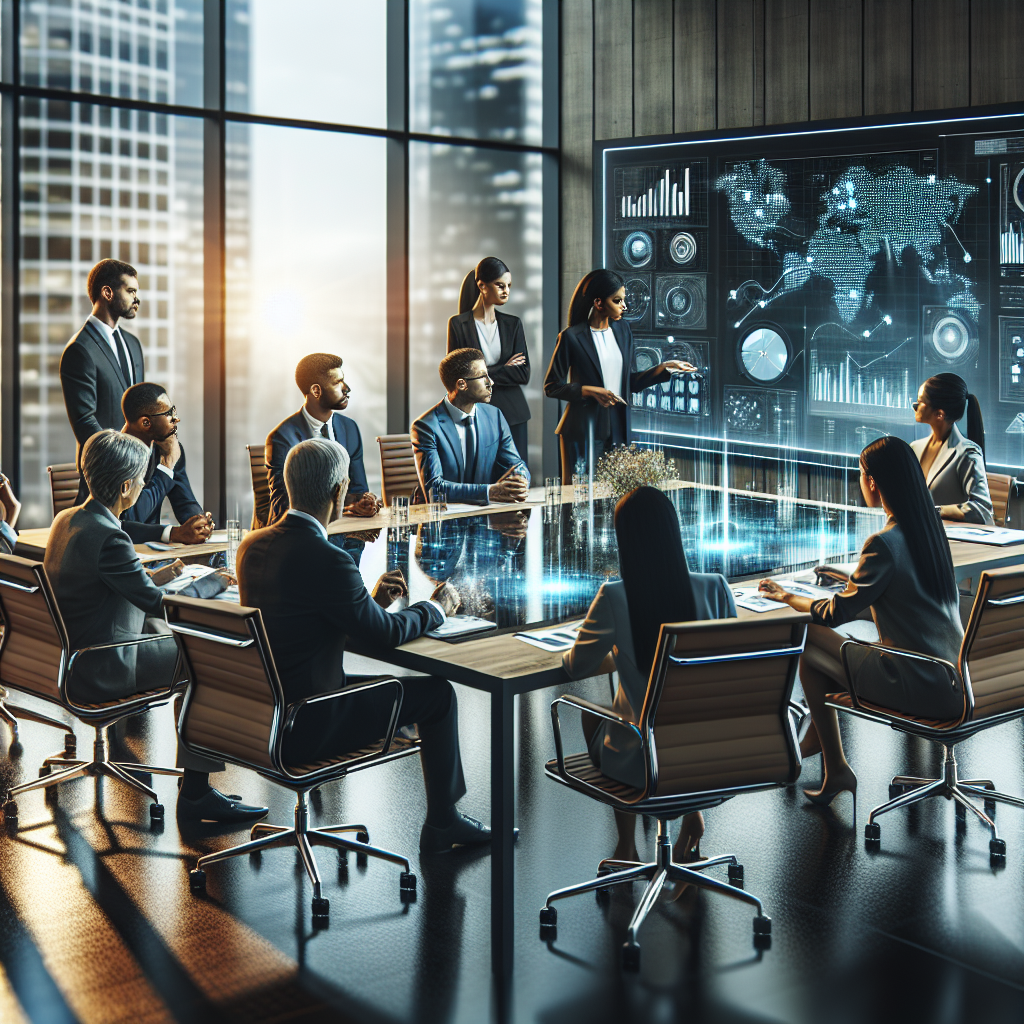 Business professionals discussing data at a conference table in an office setting.