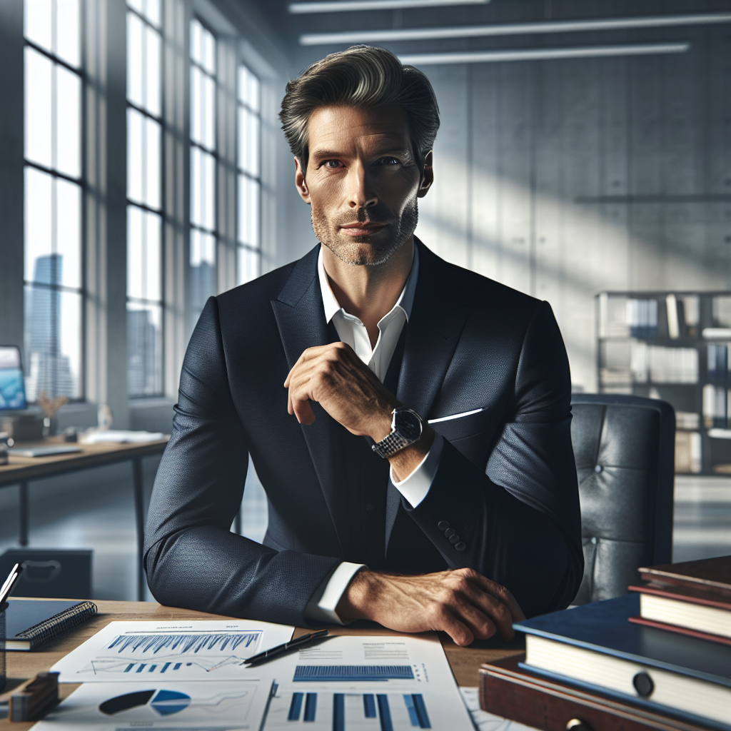 A professional male in a modern office with business and economic items.