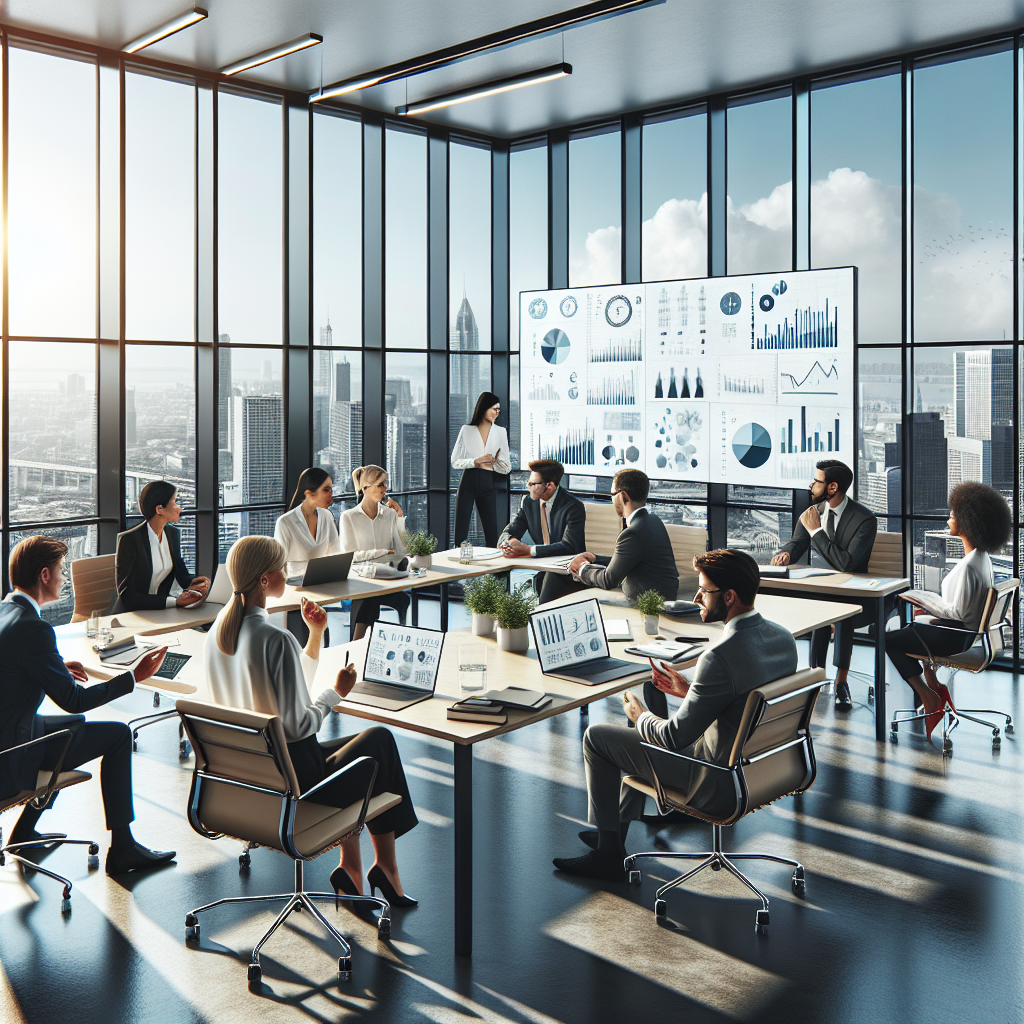 Modern office workspace with professionals discussing, surrounded by laptops and financial graphs, overlooking a cityscape.