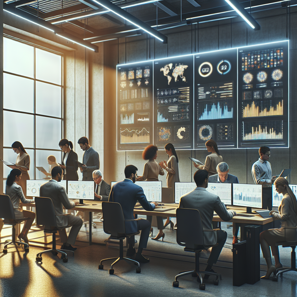 Professionals in a modern office analyzing data-driven reports on screens.