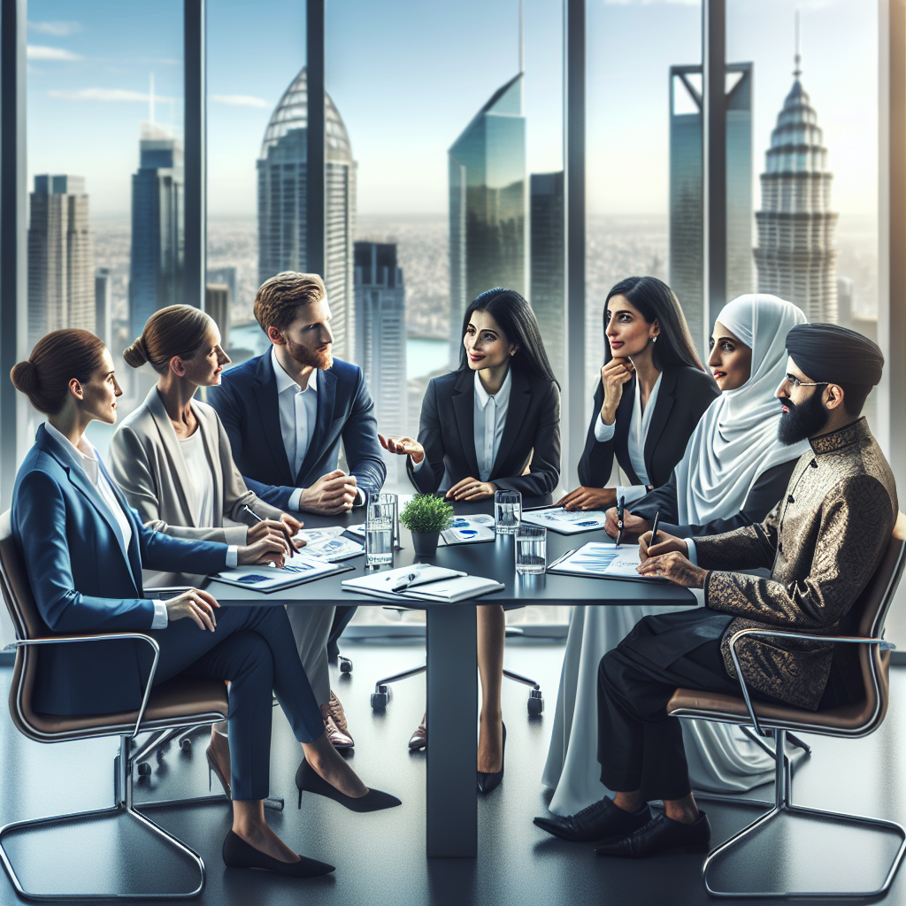 A diverse group of professionals discussing over a modern conference table with a city skyline in the background.