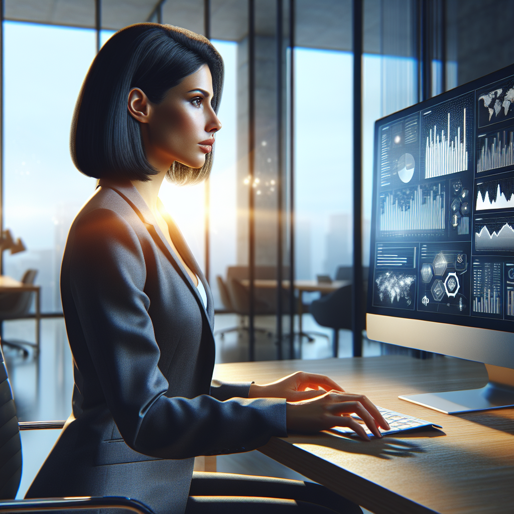 A business professional analyzing data on a computer screen in a modern office setting.