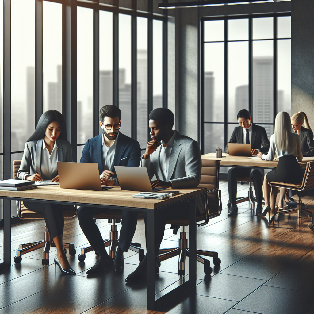 Modern office workspace with professionals engaged in evidence-based business research.