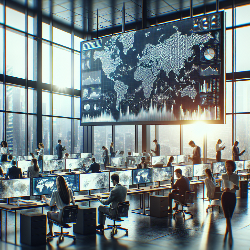 Group of diverse professionals in a modern office, analyzing global trade data on large screens.