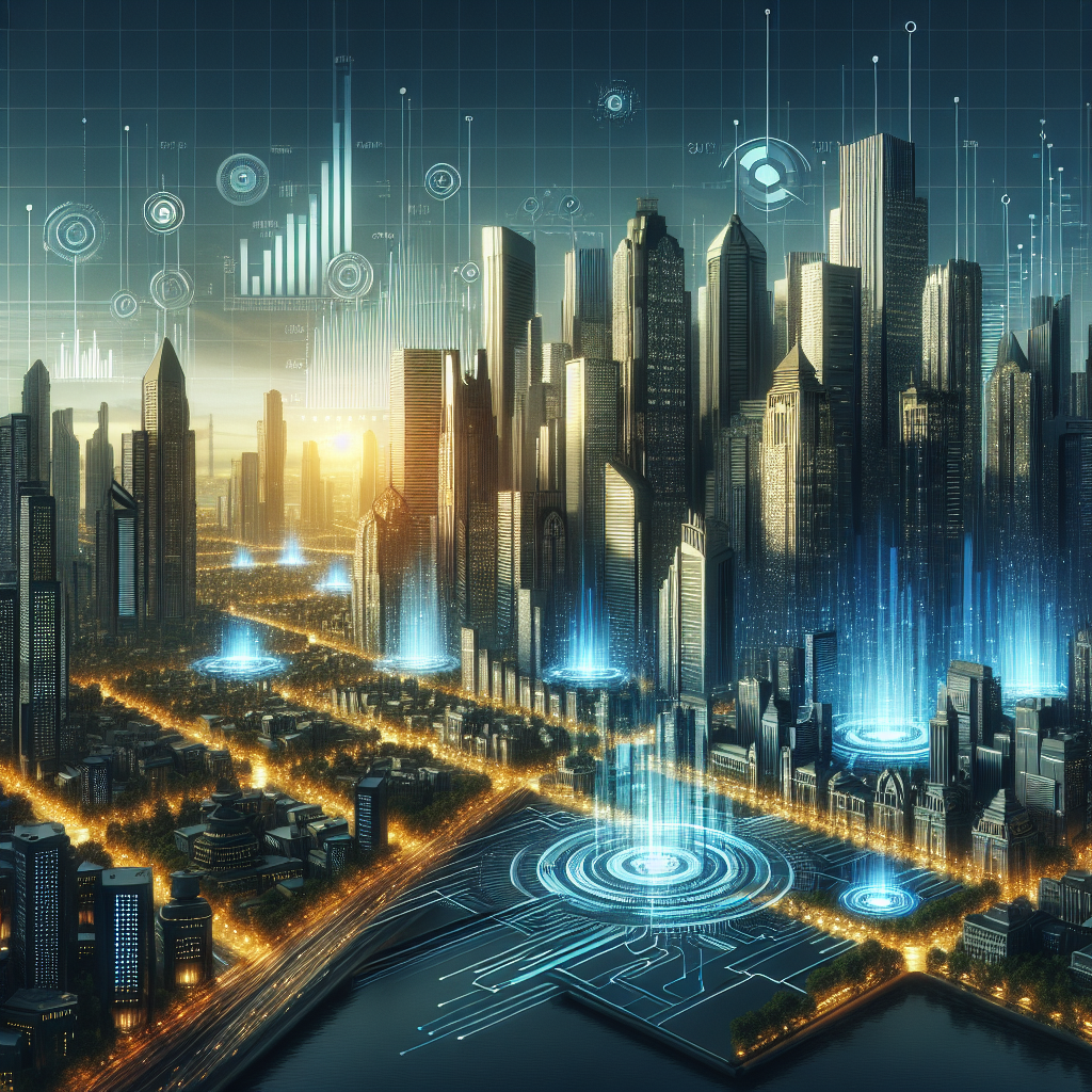 A futuristic cityscape symbolizing global trade insights with diverse architecture and digital graphs.