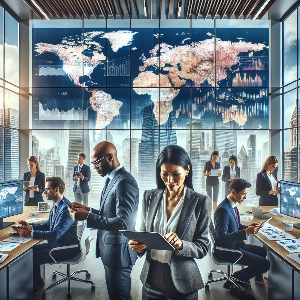 A bustling global trade office with professionals discussing international commerce.