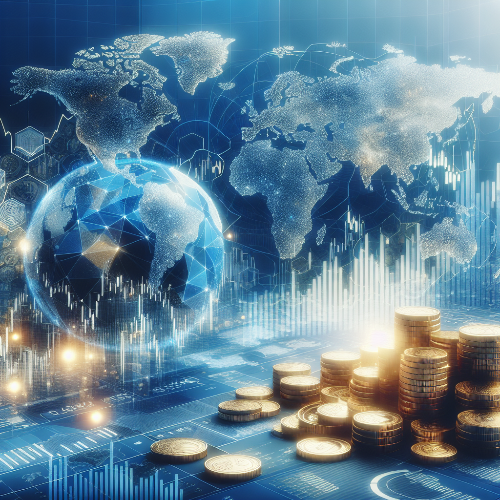 An abstract representation of global economy with a world map, coins, and trade symbols.