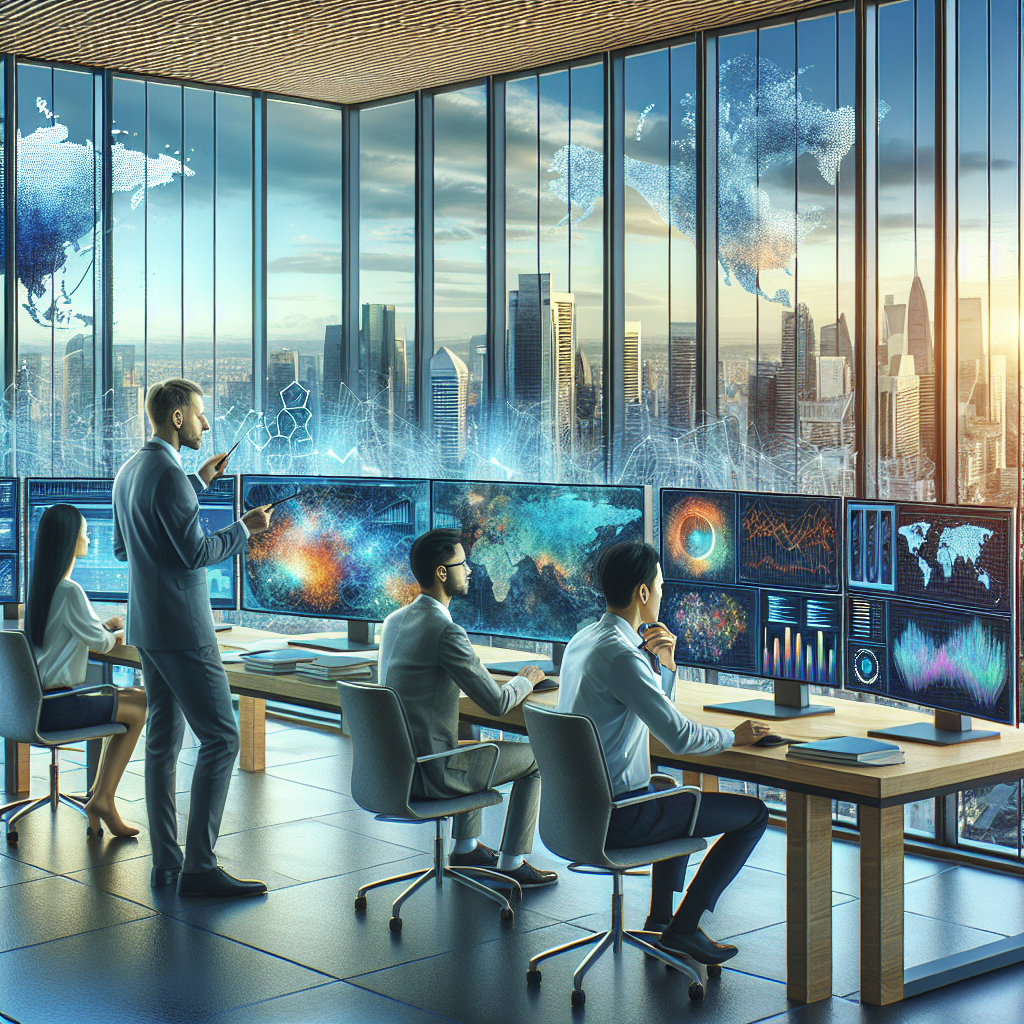 Realistic image of researchers in an office working on global economics and trade with cityscape view.
