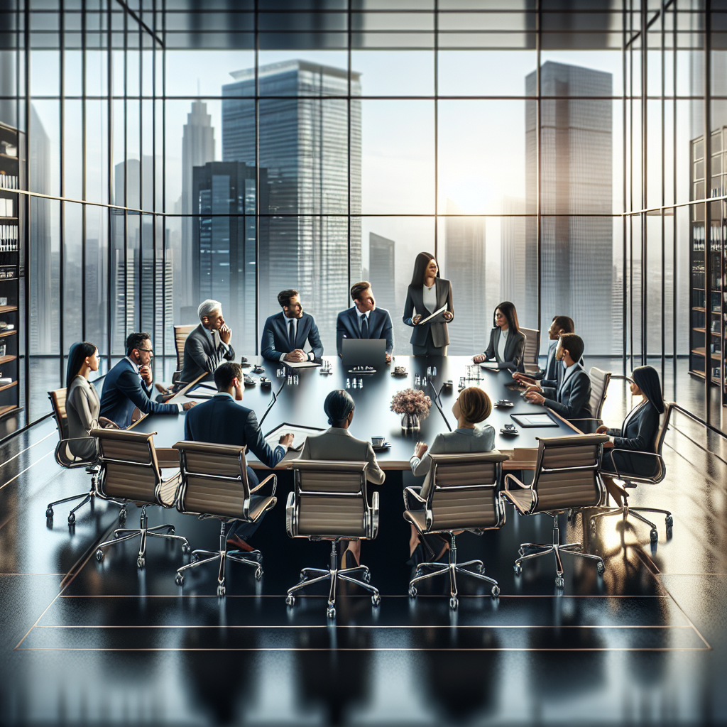 Business meeting in a modern room with a cityscape view.