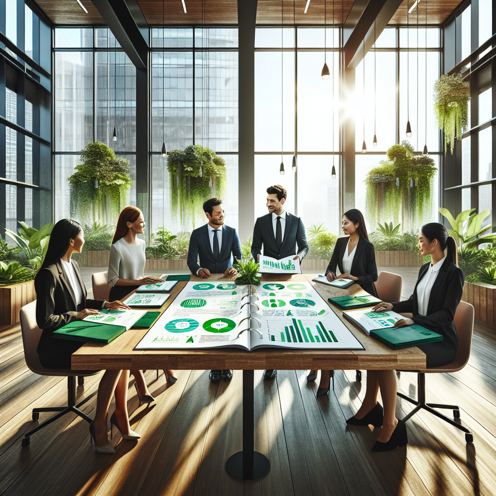 Professionals in a modern office discussing sustainable business journals around a table.