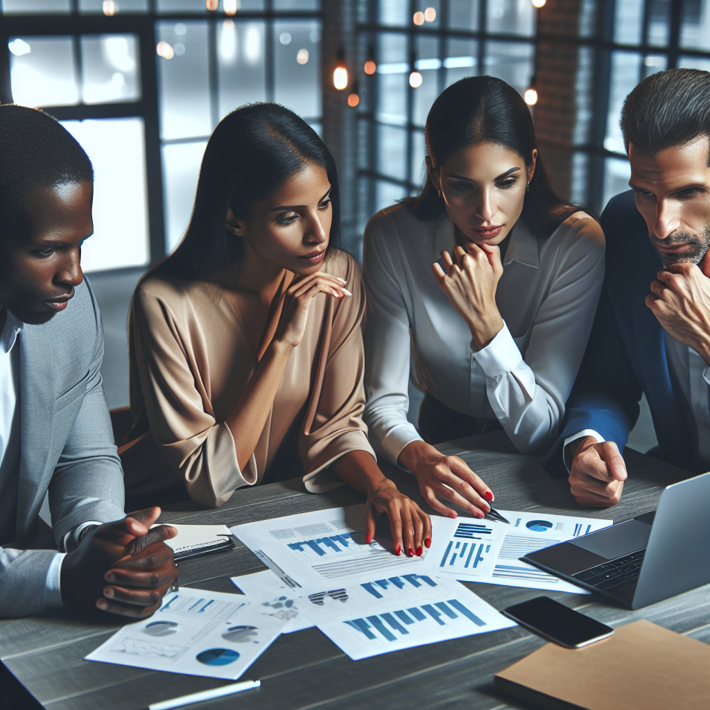 Professionals discussing business decision-making resources in a modern office setting.