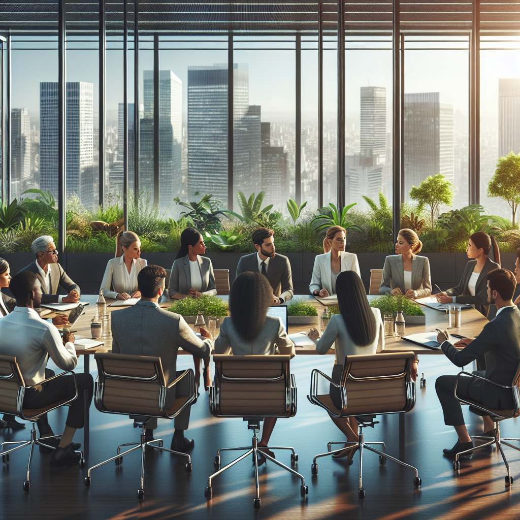 Professionals in a corporate meeting room discussing sustainable business strategies with a city skyline visible outside.