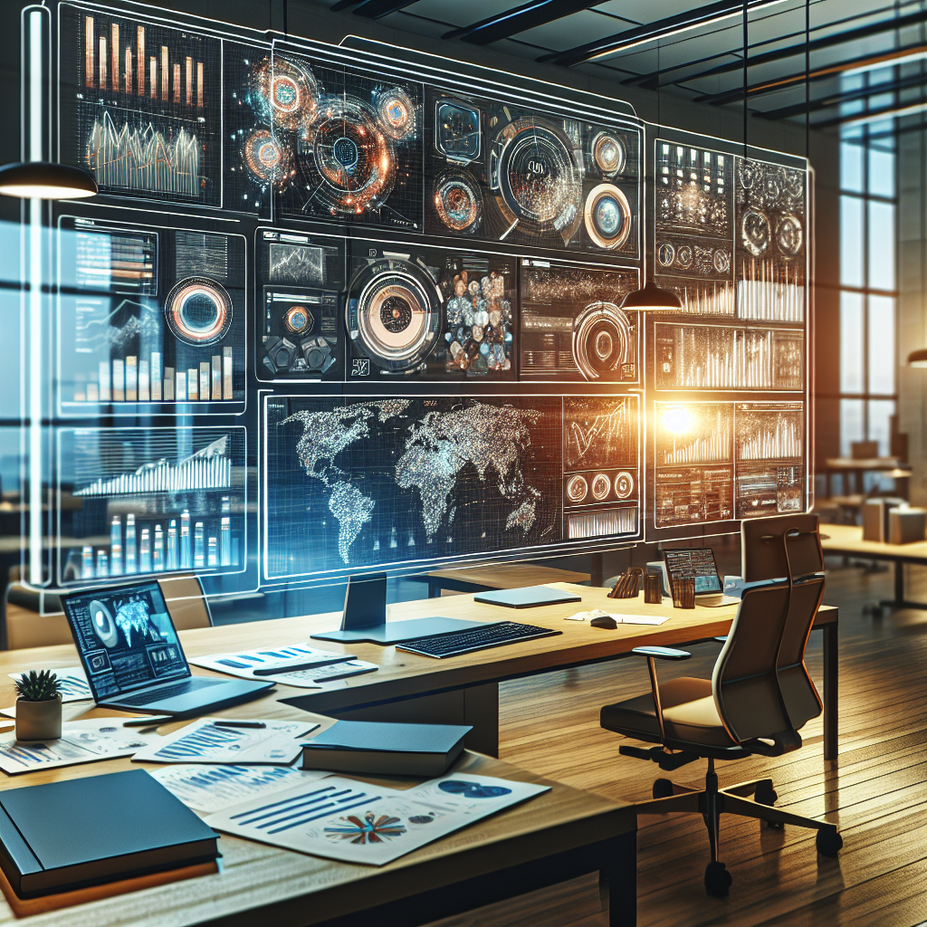Modern business workspace with decision-making tools and resources, featuring digital screens and industry reports.