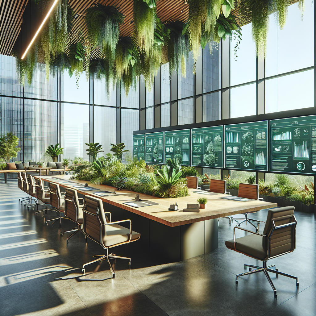 Corporate office with eco-friendly elements reflecting sustainable business practices.