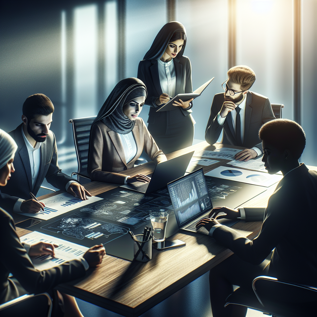 A diverse group of professionals in a modern office, engaging with various decision-making resources, such as digital screens and reports.