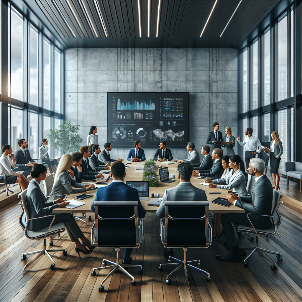 Business professionals in a modern office using digital tools for decision-making.